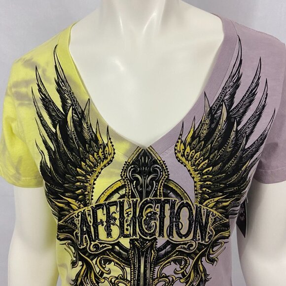 Affliction Women’s Short Sleeve V Neck Shirt Top Sz S Yellow & Mauve Wings Cross - Picture 2 of 6
